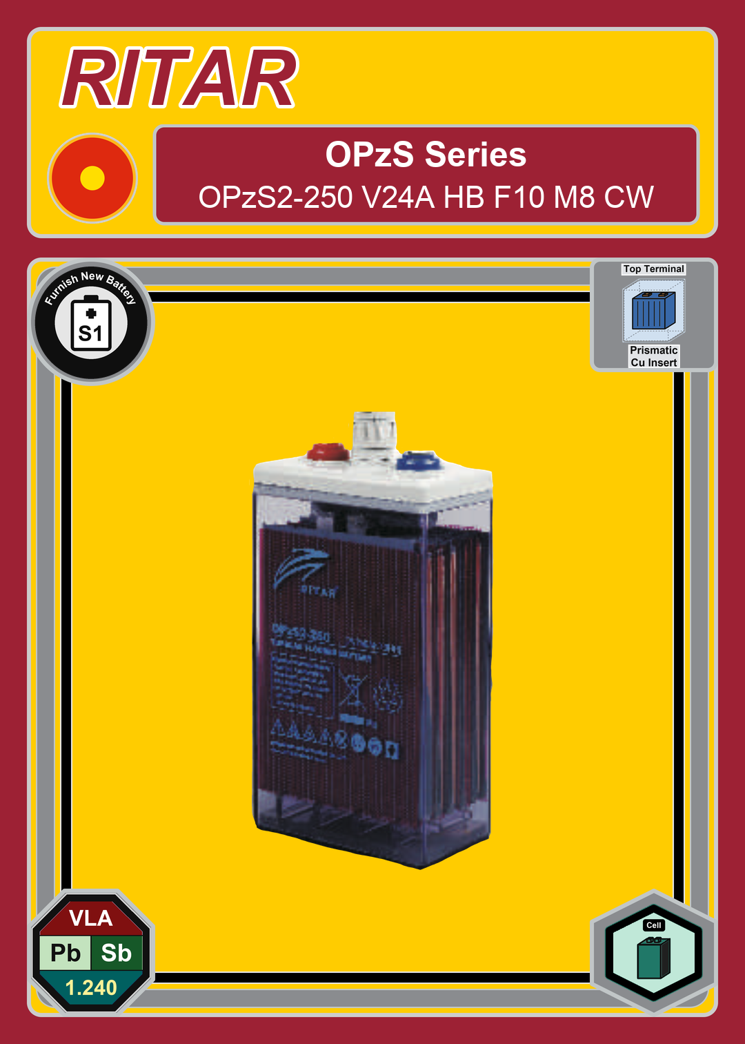 Furnish New Battery Ritar OPzS Series OPzS2 250 V24A HB F10 M8 CW