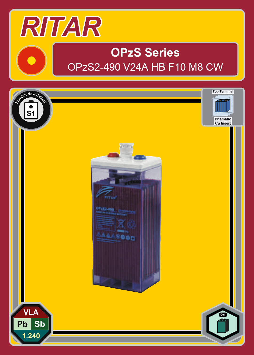 Furnish New Battery Ritar OPzS Series OPzS2 490 V24A HB F10 M8 CW