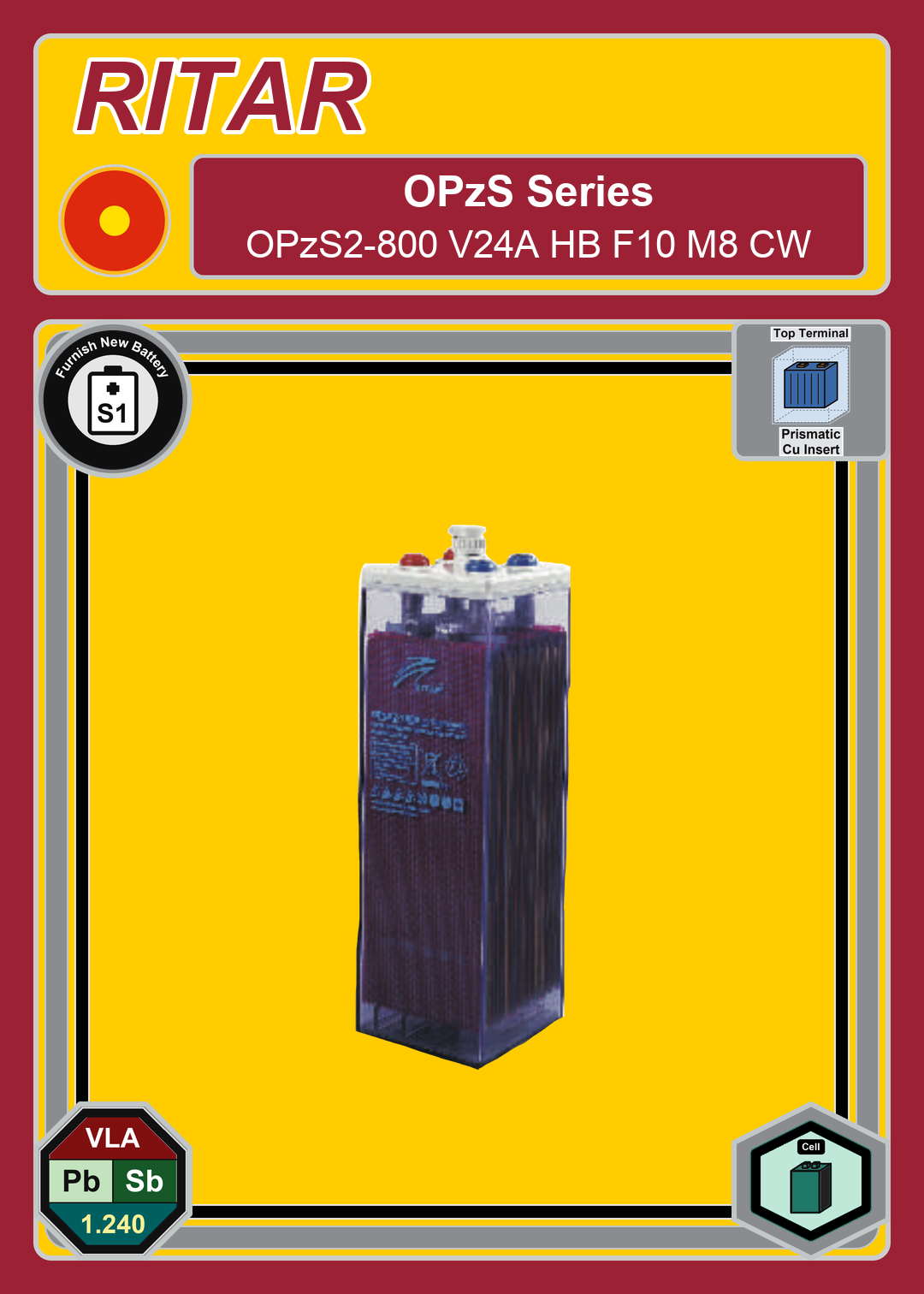 Furnish New Battery Ritar OPzS Series OPzS2 800 V24A HB F10 M8 CW