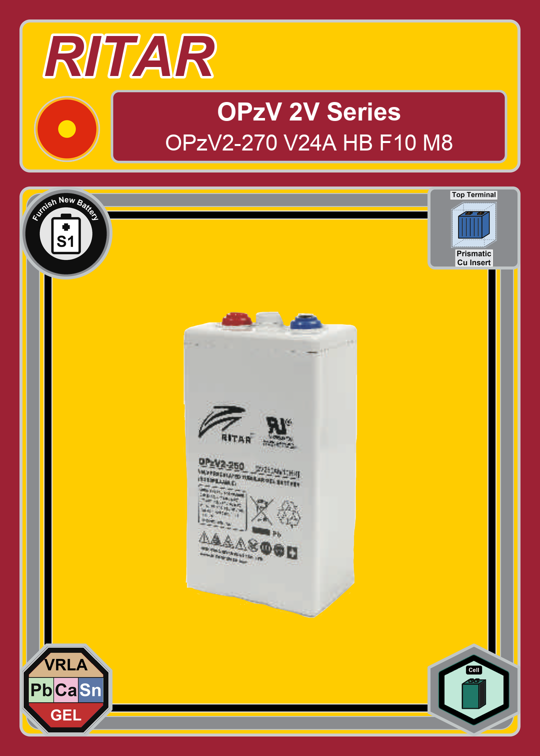 Furnish New Battery Ritar OPzV Series OPzV2 270 V24A HB F10 M8