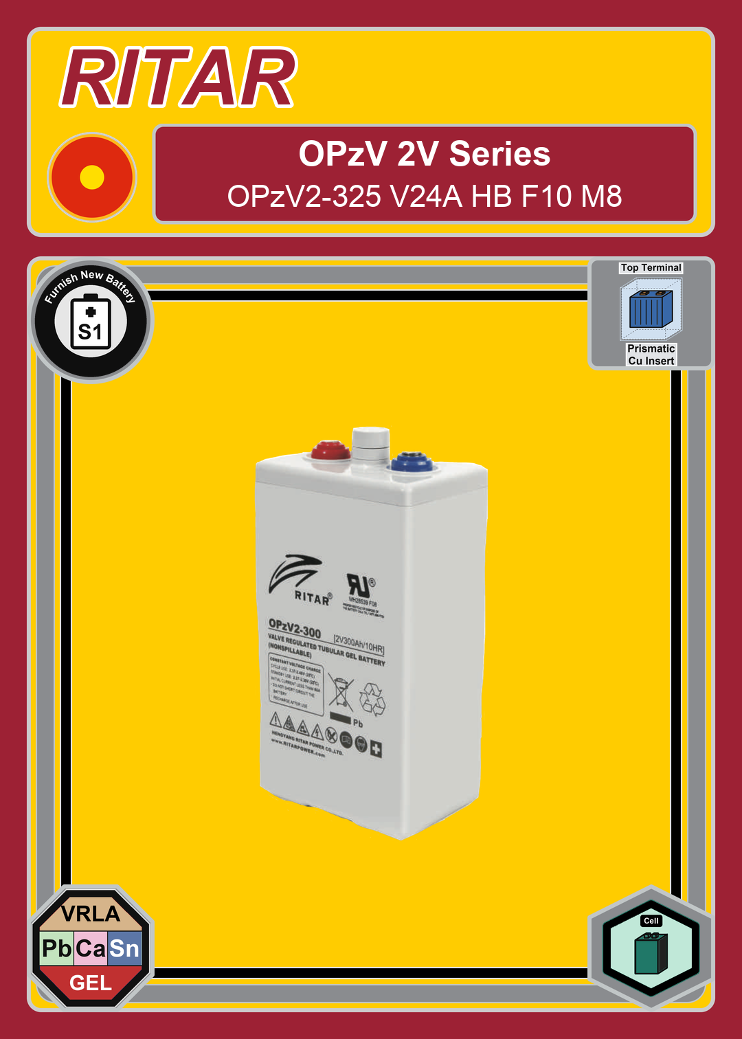 Furnish New Battery Ritar OPzV Series OPzV2 325 V24A HB F10 M8