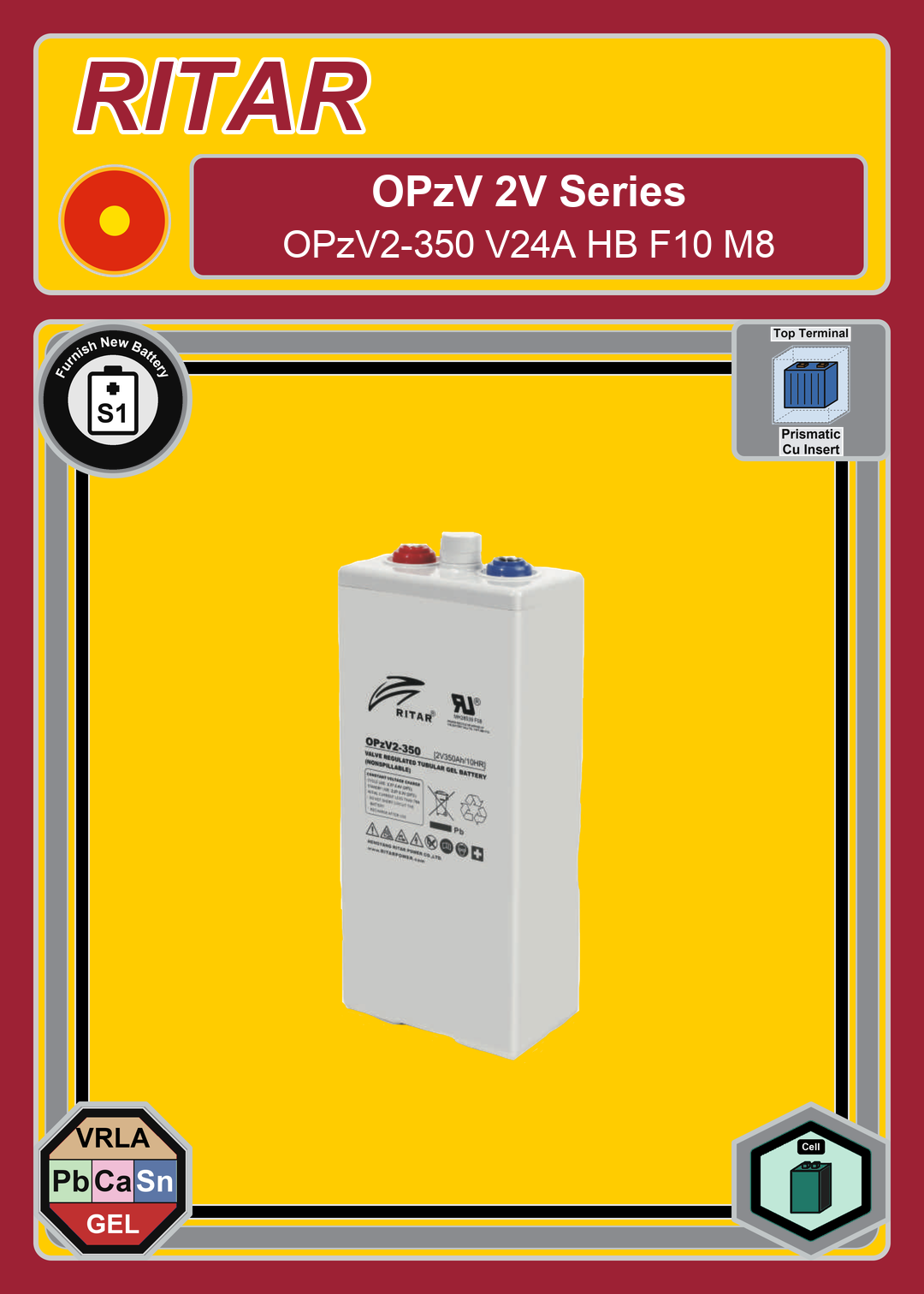 Furnish New Battery Ritar OPzV Series OPzV2 350 V24A HB F10 M8