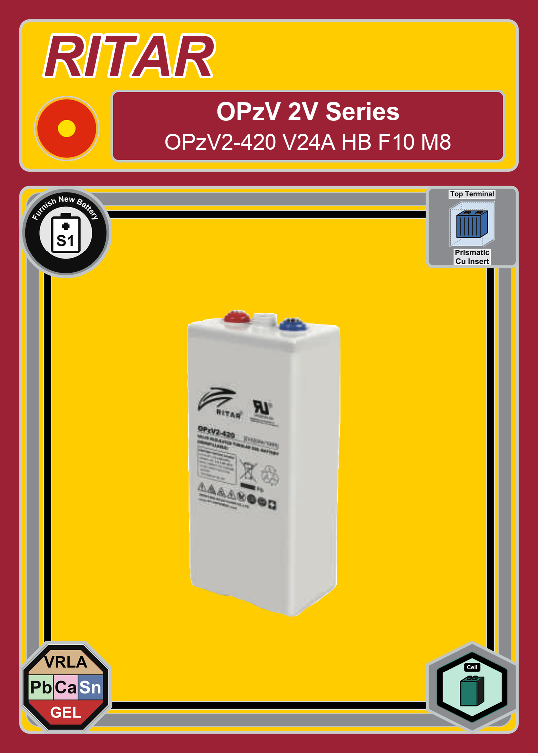 Furnish New Battery Ritar OPzV Series OPzV2 420 V24A HB F10 M8