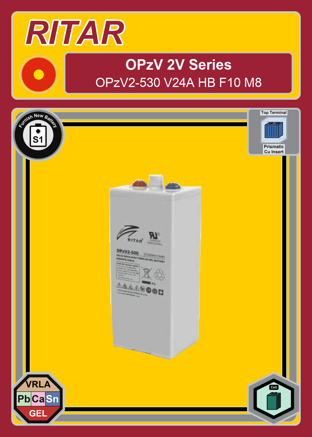 Furnish New Battery Ritar OPzV Series OPzV2 530 V24A HB F10 M8