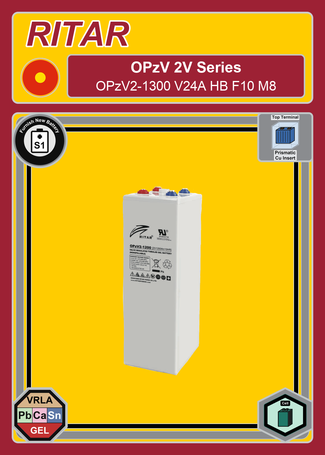 Furnish New Battery Ritar OPzV Series OPzV2 1300 V24A HB F10 M8