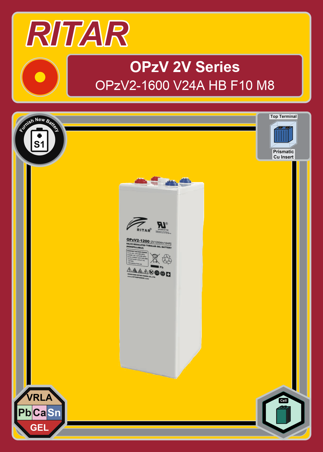 Furnish New Battery Ritar OPzV Series OPzV2 1600 V24A HB F10 M8