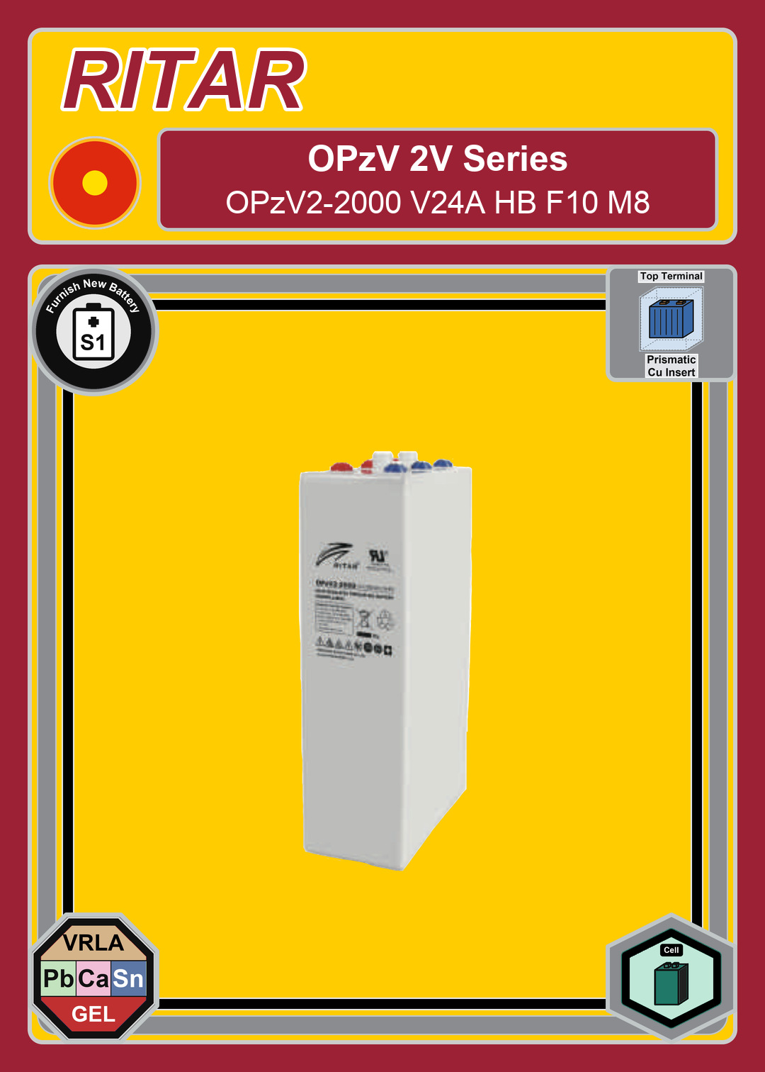 Furnish New Battery Ritar OPzV Series OPzV2 2000 V24A HB F10 M8