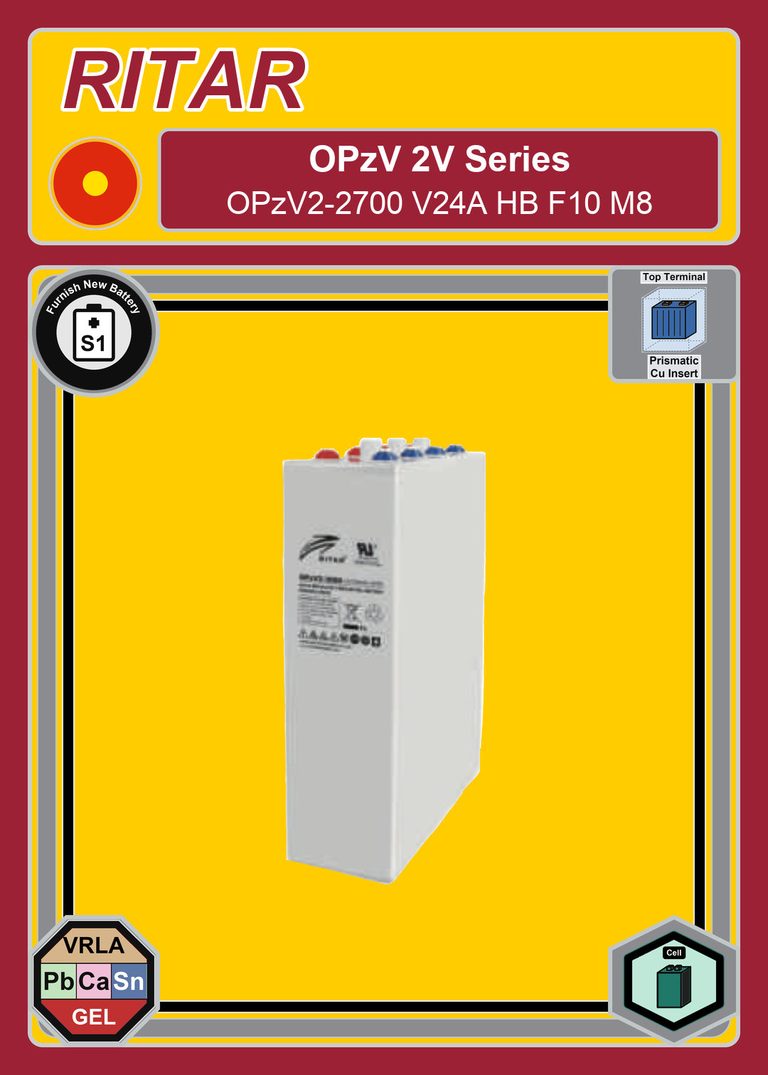Furnish New Battery Ritar OPzV Series OPzV2 2700 V24A HB F10 M8