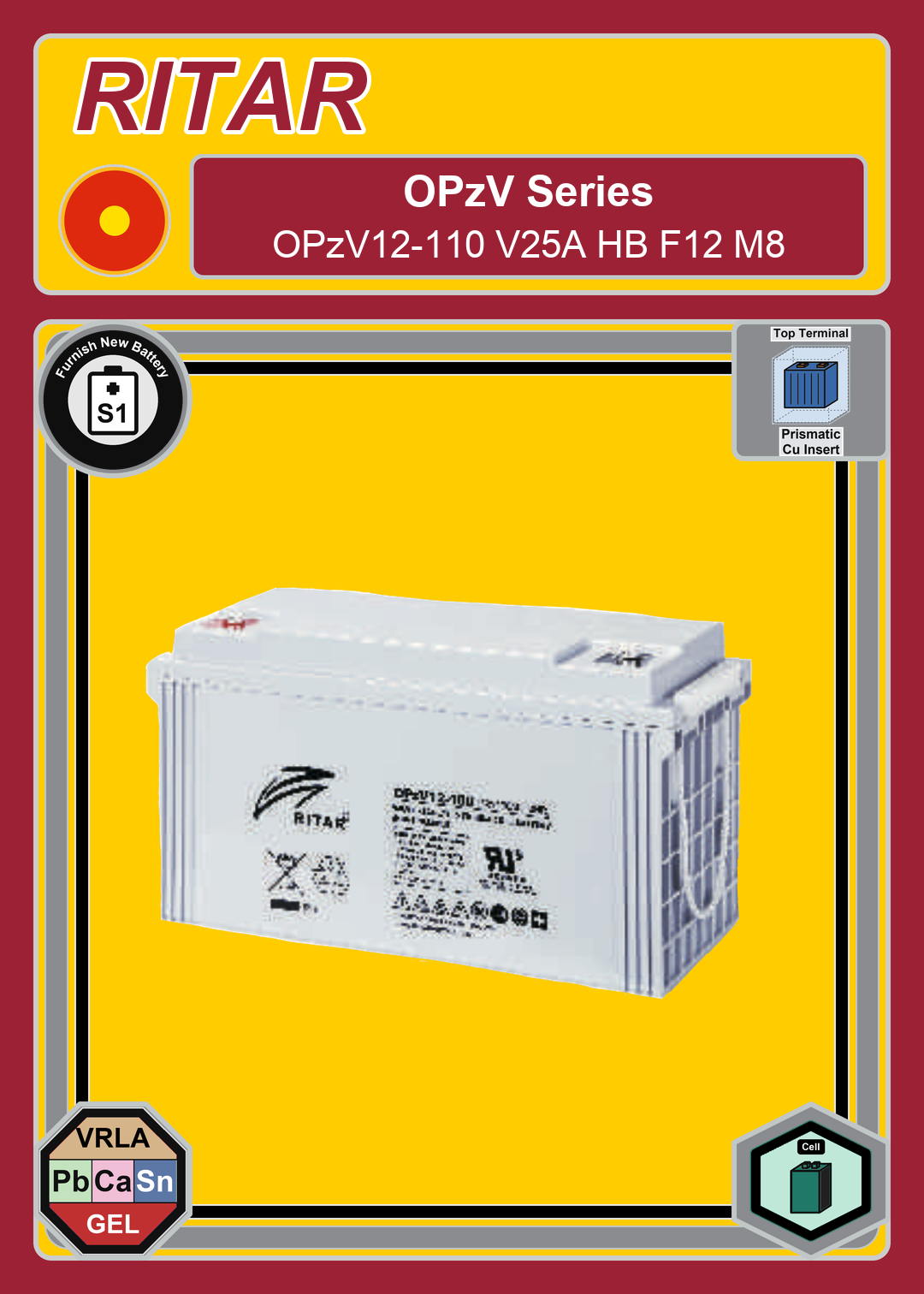 Furnish New Battery Ritar OPzV Series OPzV12 110 V25A HB F12 M8