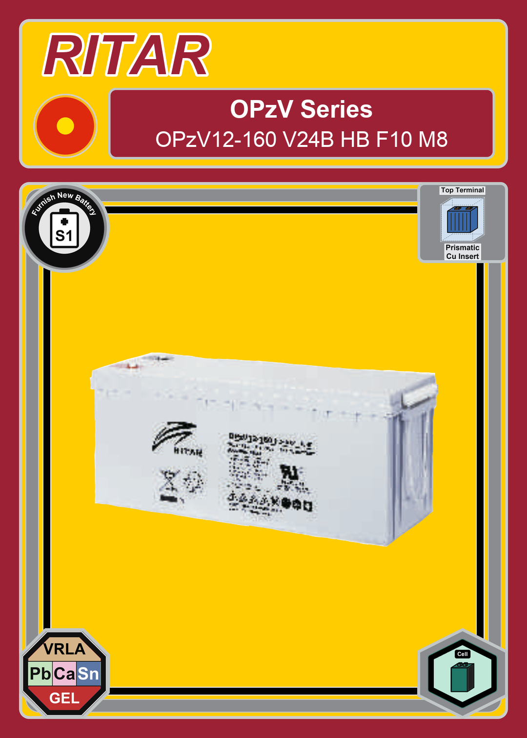 Furnish New Battery Ritar OPzV Series OPzV12 160 V24B HB F10 M8