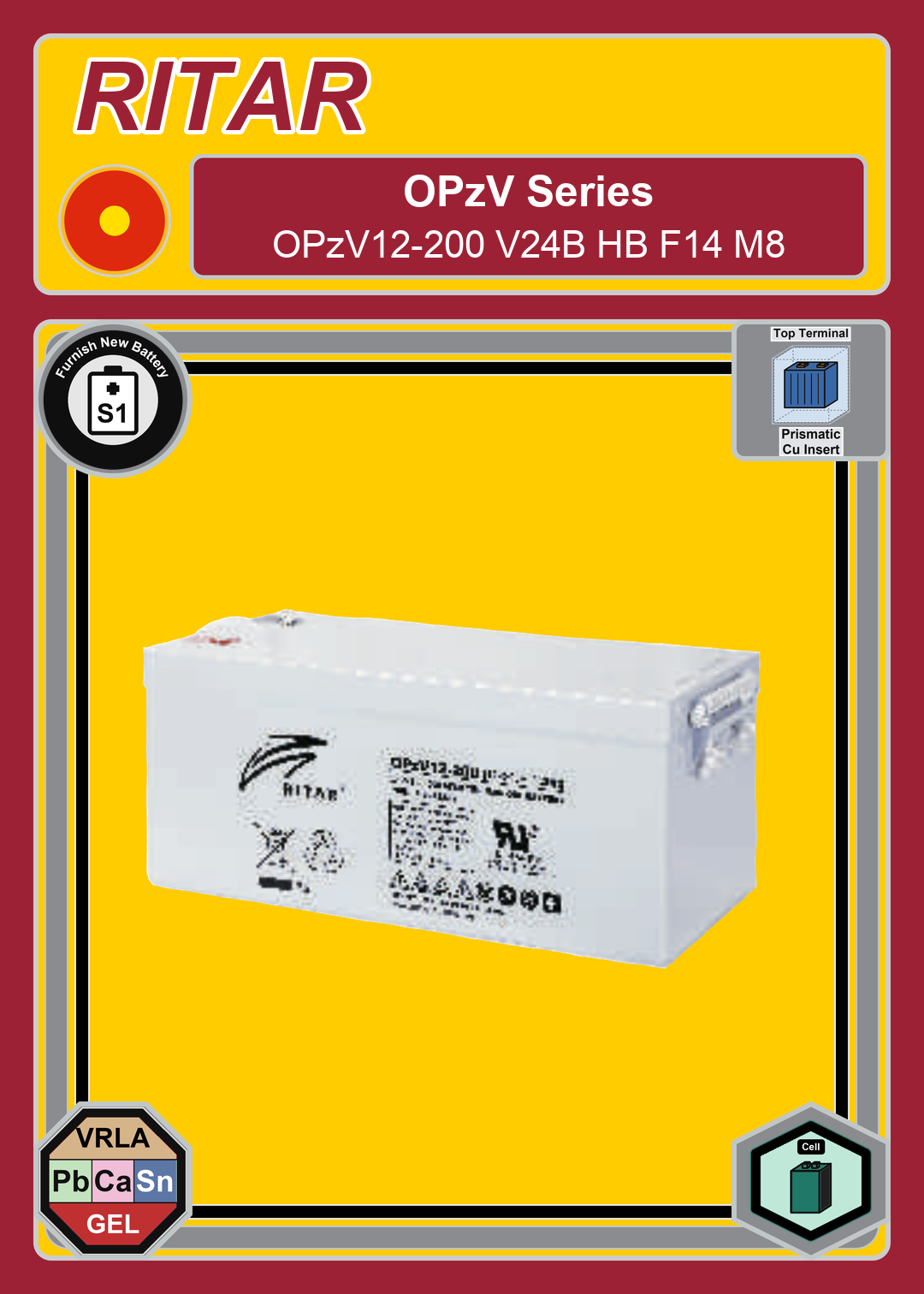 Furnish New Battery Ritar OPzV Series OPzV12 200 V24B HB F14 M8