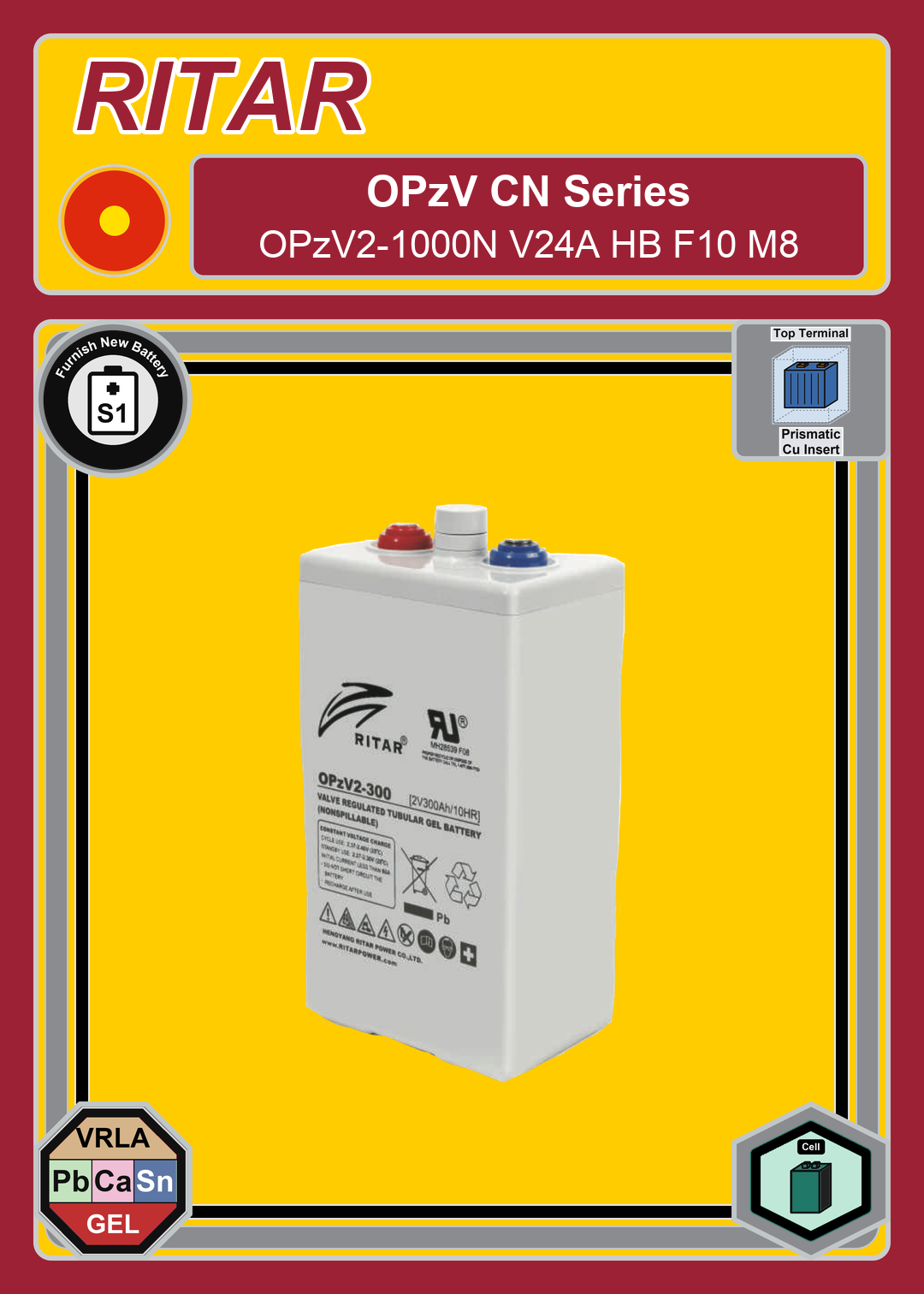 Furnish New Battery Ritar OPzV CN Series OPzV2 1000N V24A HB F10 M8