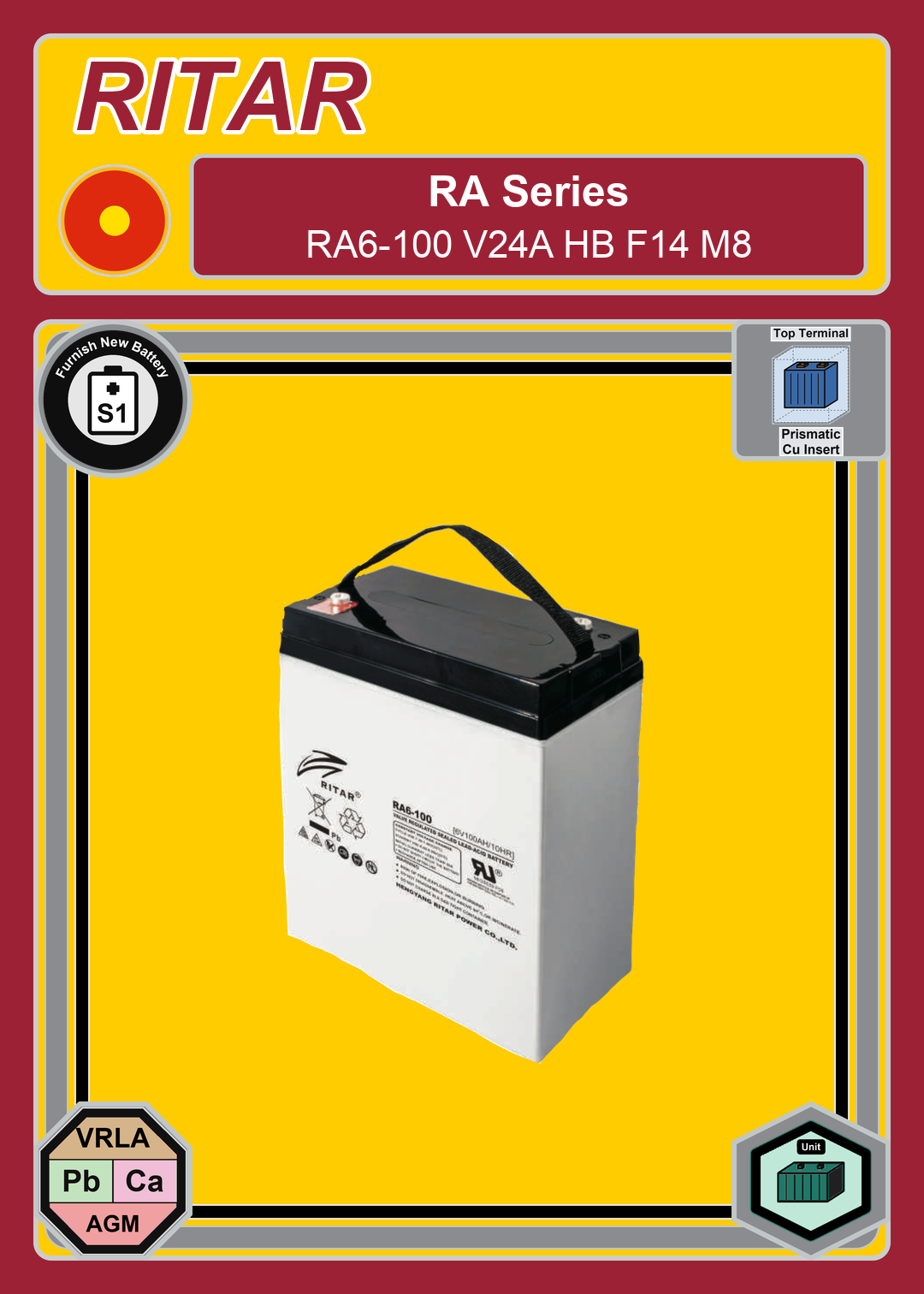 Furnish New Battery Ritar RA Series RA6 100 V24A HB F14 M8