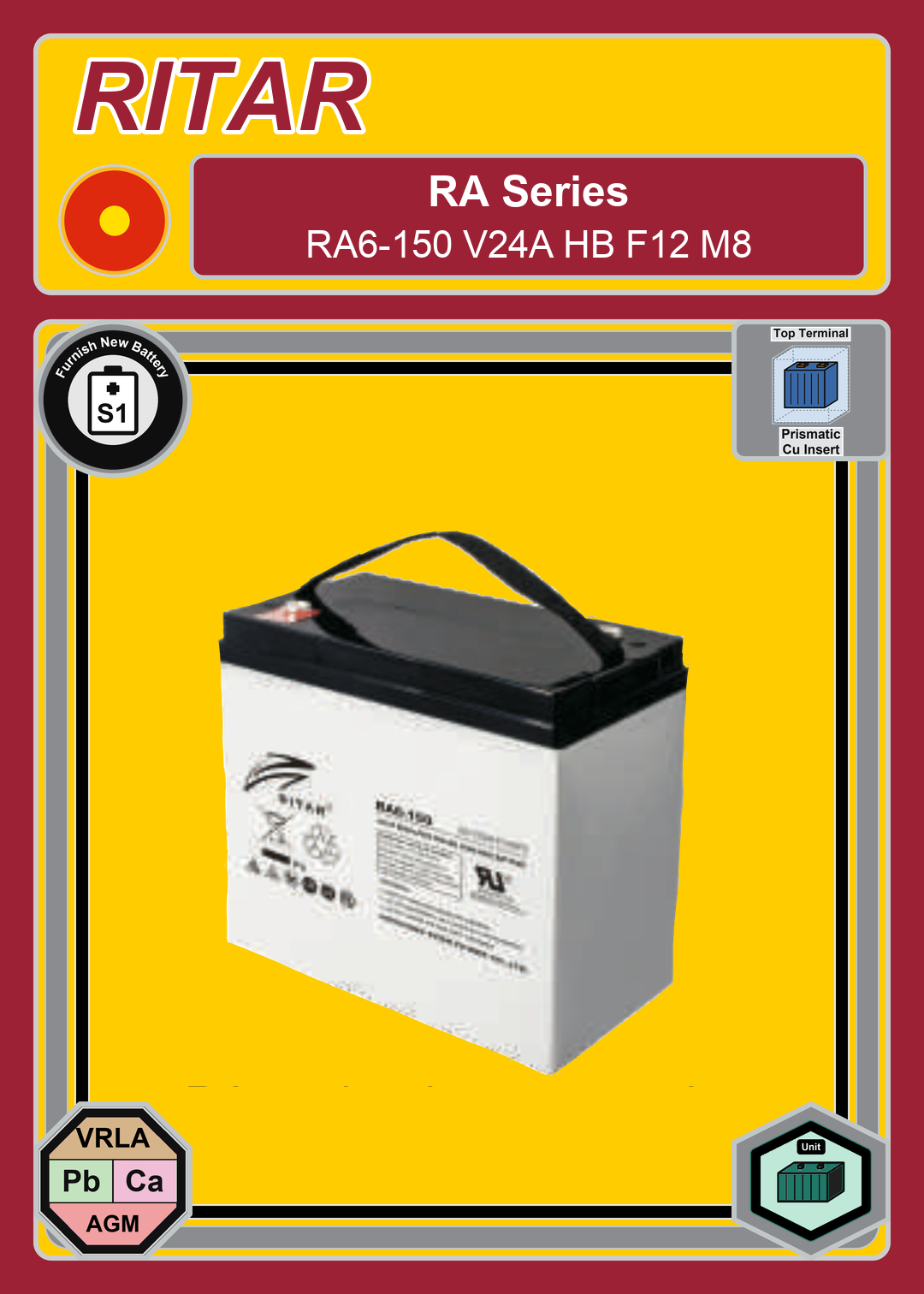 Furnish New Battery Ritar RA Series RA6 150 V24A HB F12 M8