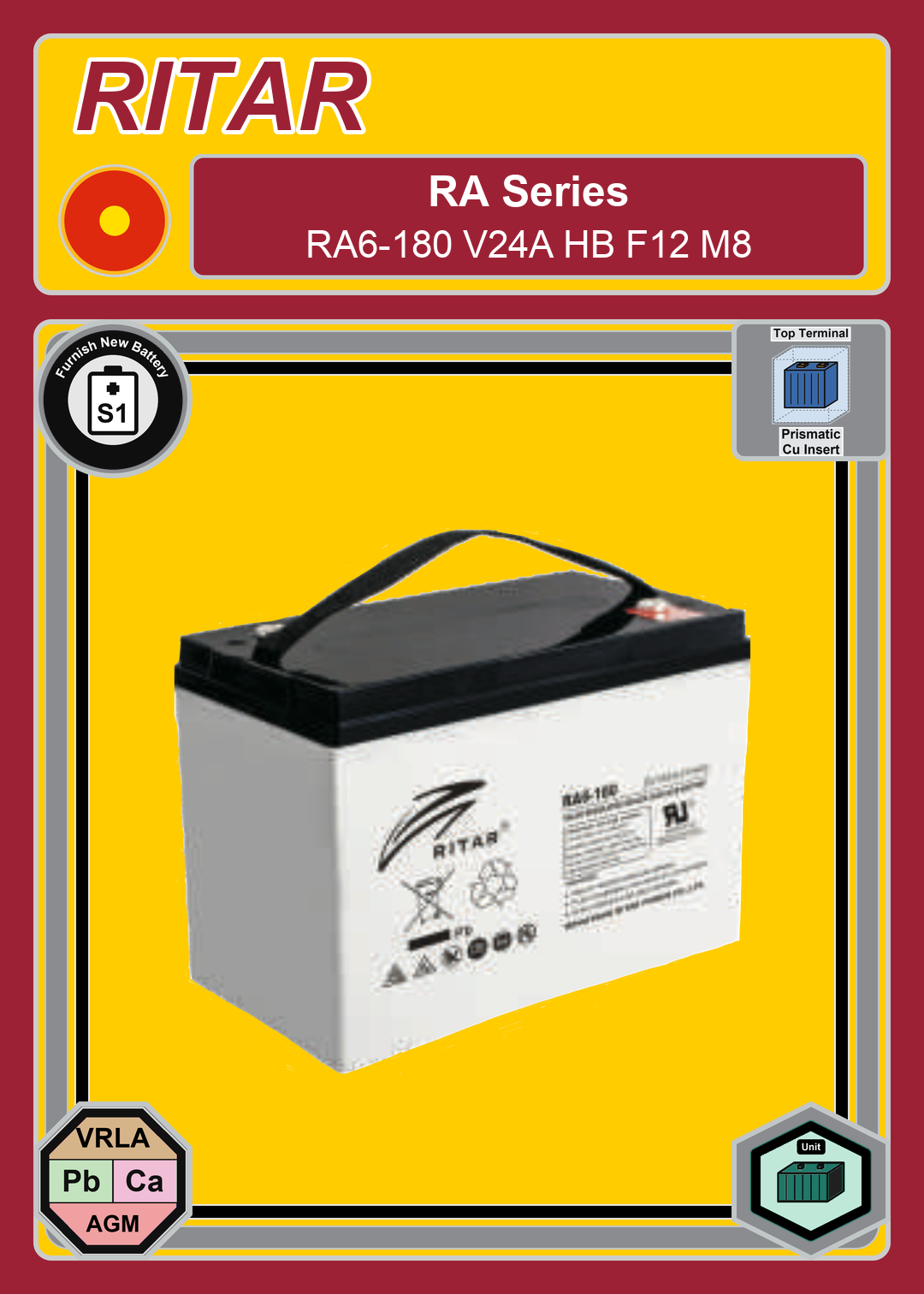Furnish New Battery Ritar RA Series RA6 180 V24A HB F12 M8