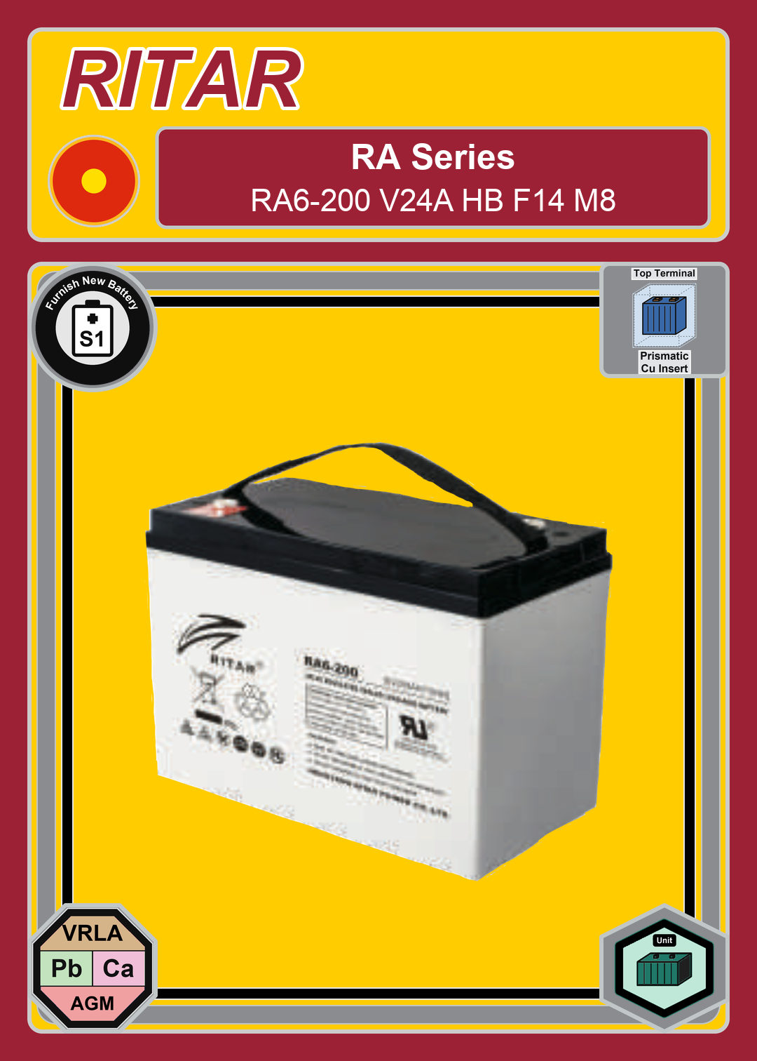 Furnish New Battery Ritar RA Series RA6 200 V24A HB F14 M8