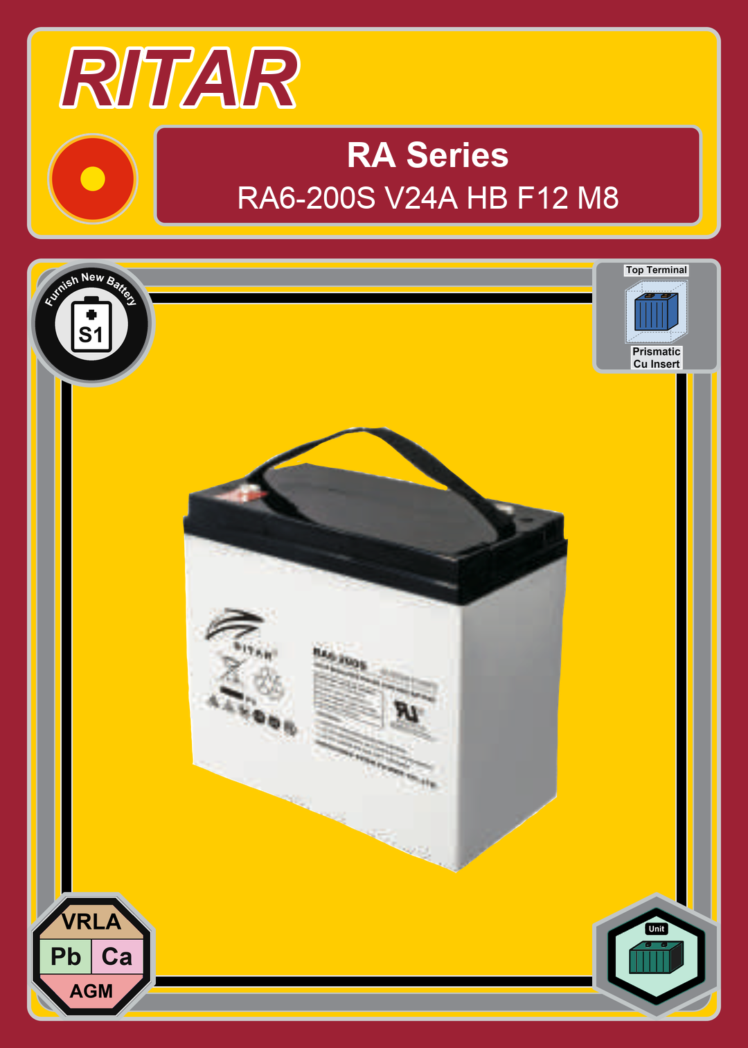 Furnish New Battery Ritar RA Series RA6 200S V24A HB F12 M8