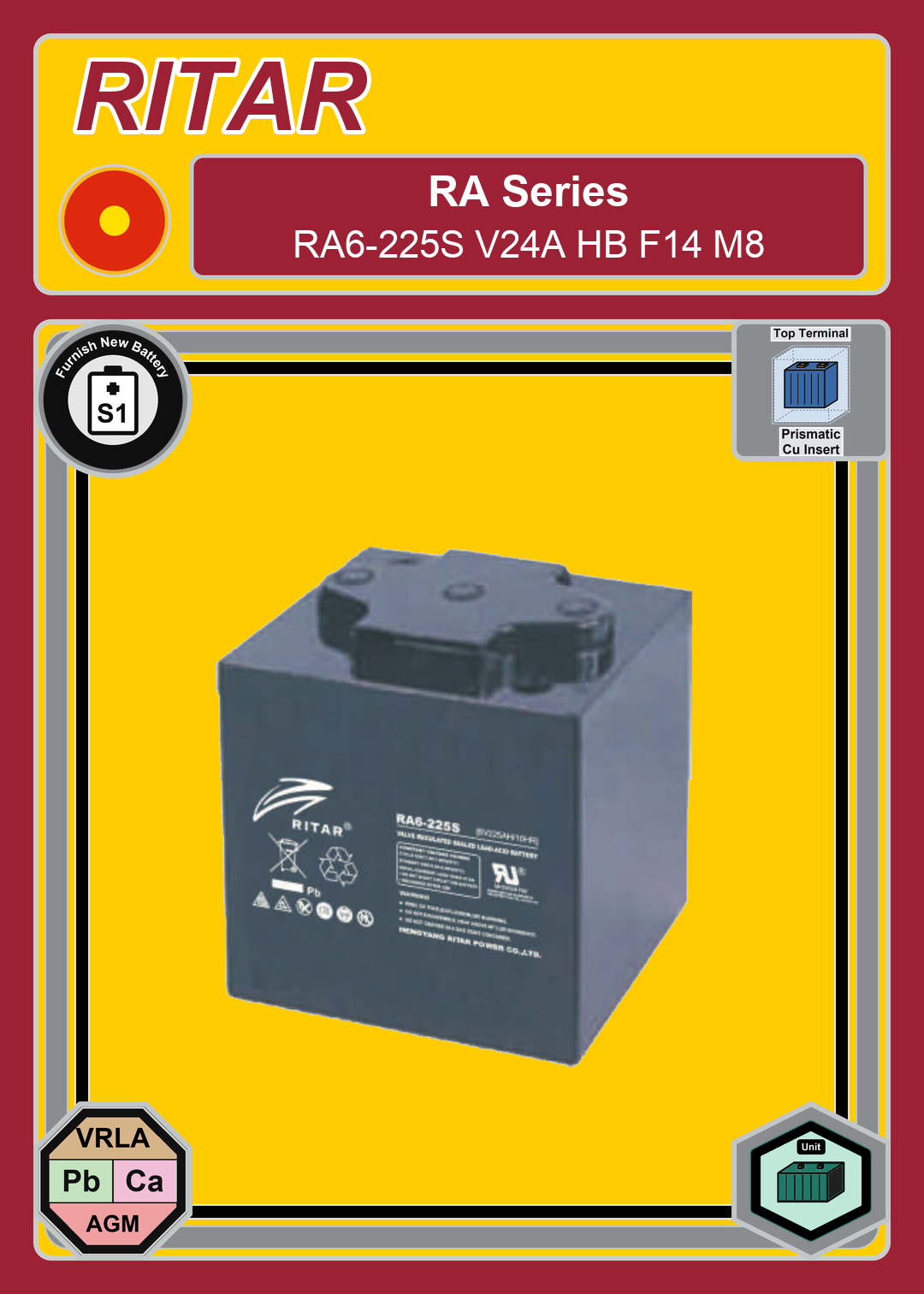 Furnish New Battery Ritar RA Series RA6 225S V24A HB F14 M8