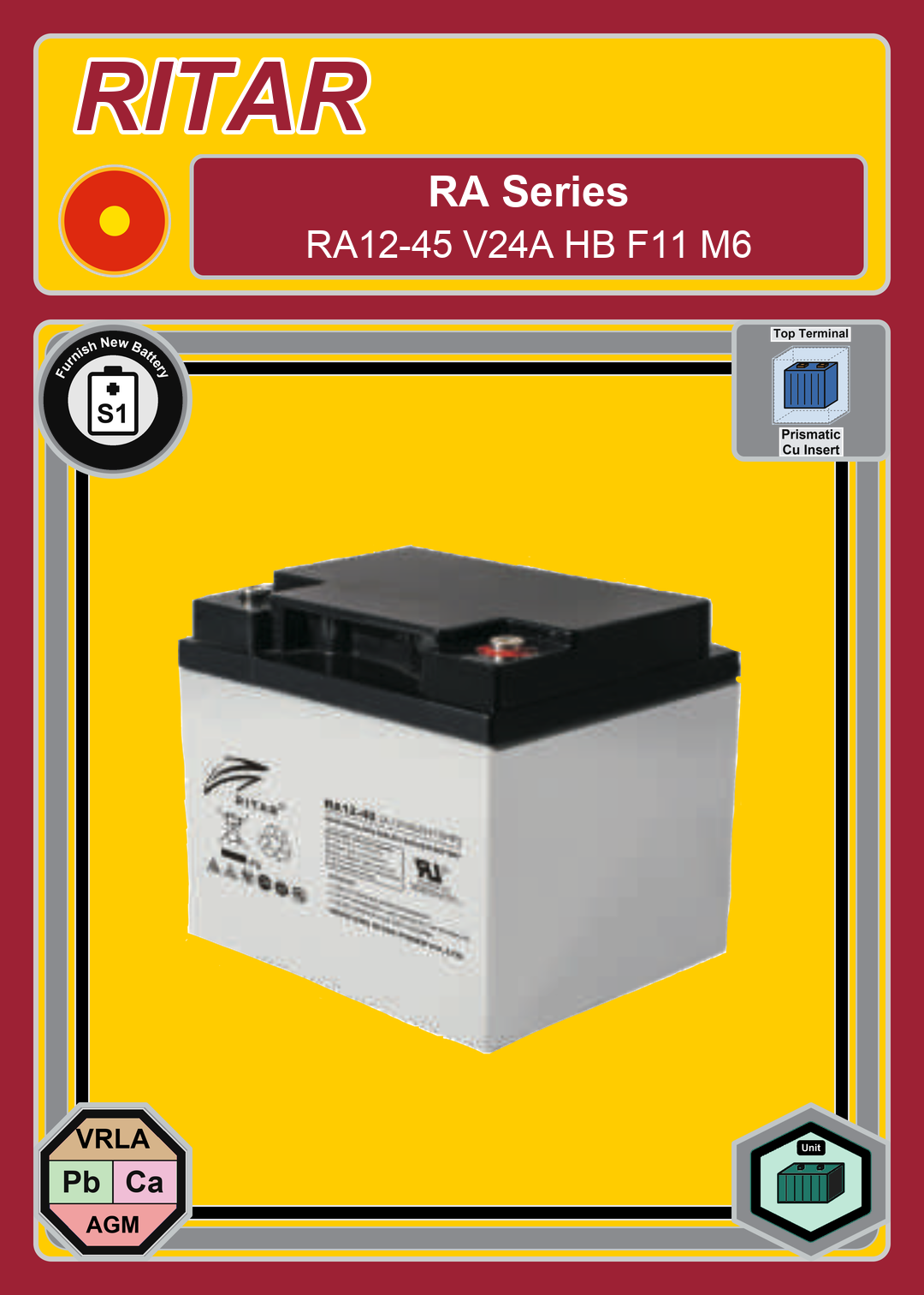 Furnish New Battery Ritar RA Series RA12 45 V24A HB F11 M6