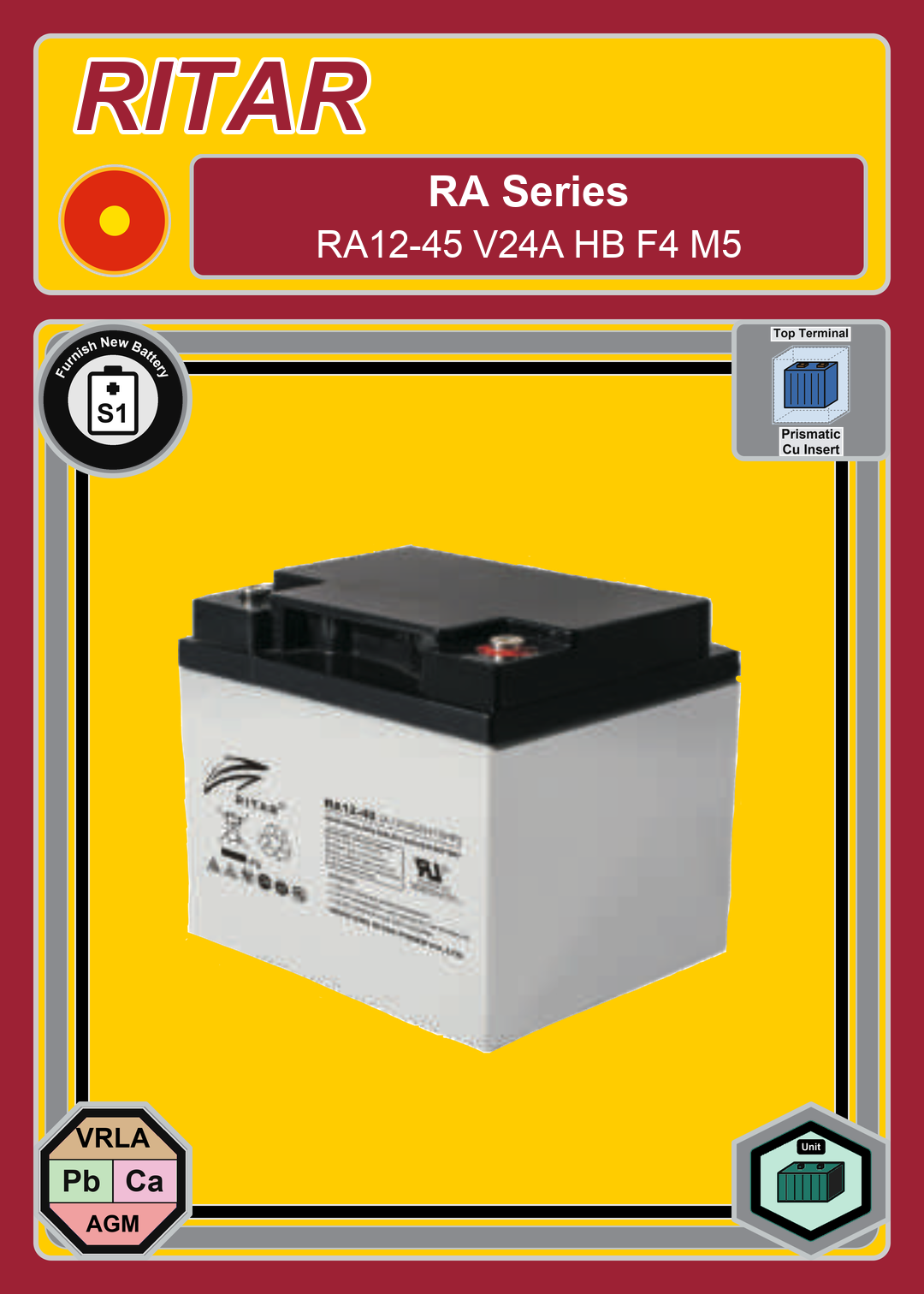 Furnish New Battery Ritar RA Series RA12 45 V24A HB F4 M5