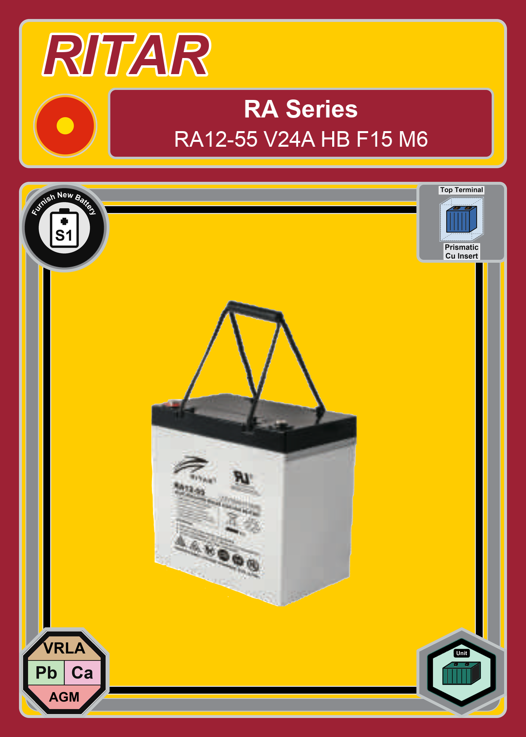 Furnish New Battery Ritar RA Series RA12 55 V24A HB F15 M6