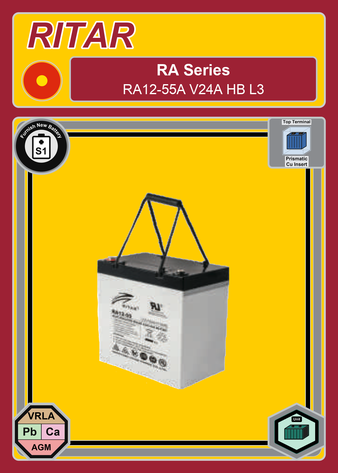 Furnish New Battery Ritar RA Series RA12 55A V24A HB L3