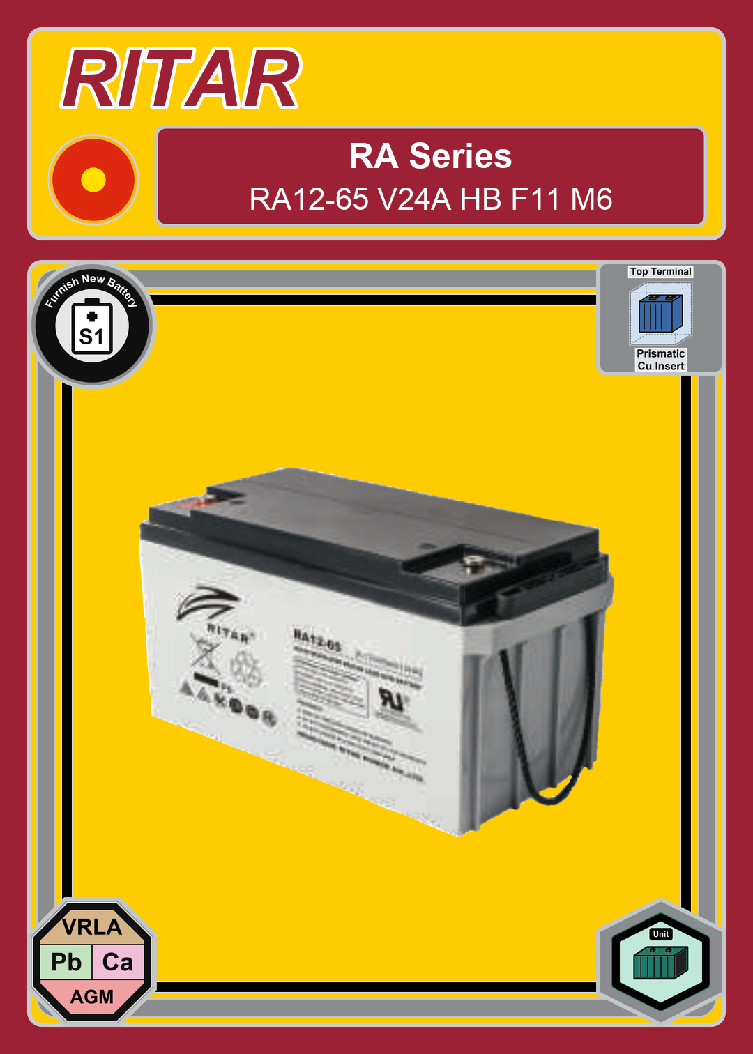 Furnish New Battery Ritar RA Series RA12 65 V24A HB F11 M6