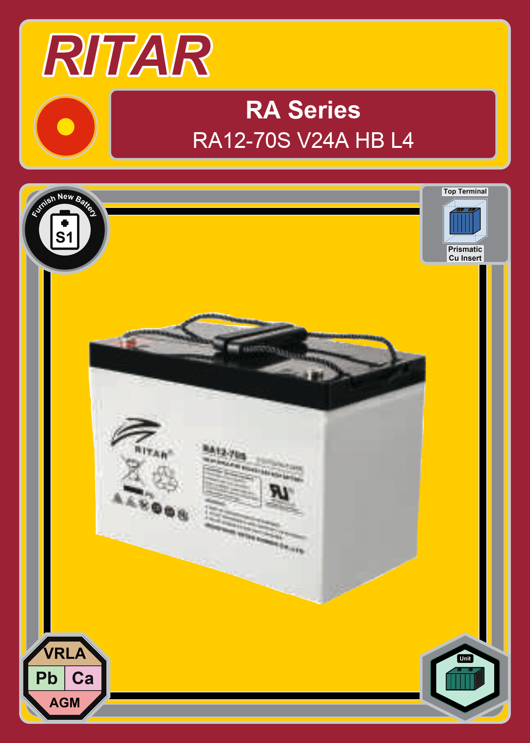 Furnish New Battery Ritar RA Series RA12 70S V24A HB L4