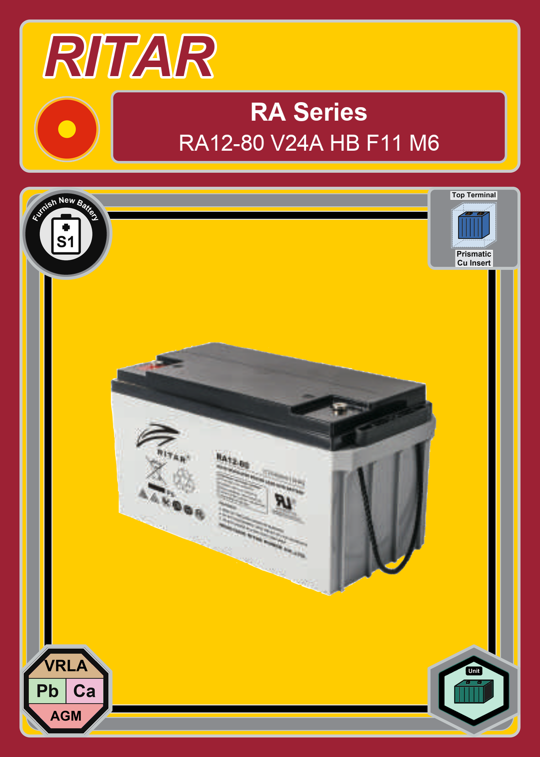 Furnish New Battery Ritar RA Series RA12 80 V24A HB F11 M6