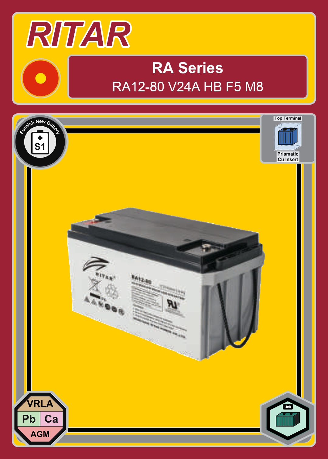 Furnish New Battery Ritar RA Series RA12 80 V24A HB F5 M8