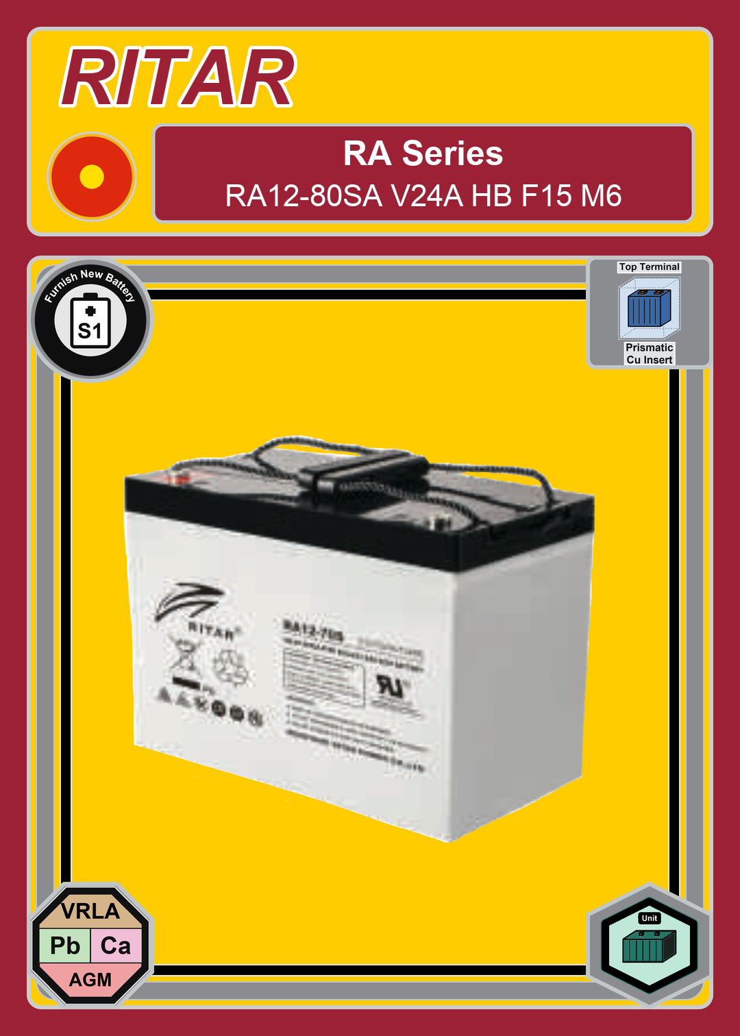 Furnish New Battery Ritar RA Series RA12 80SA V24A HB F15 M6