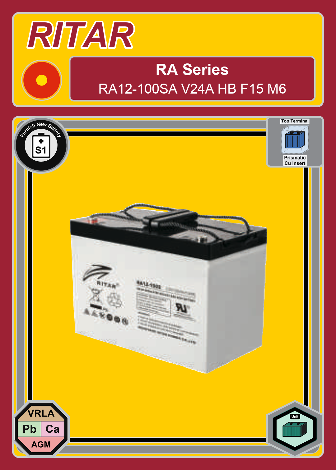 Furnish New Battery Ritar RA Series RA12 100SA V24A HB F15 M6