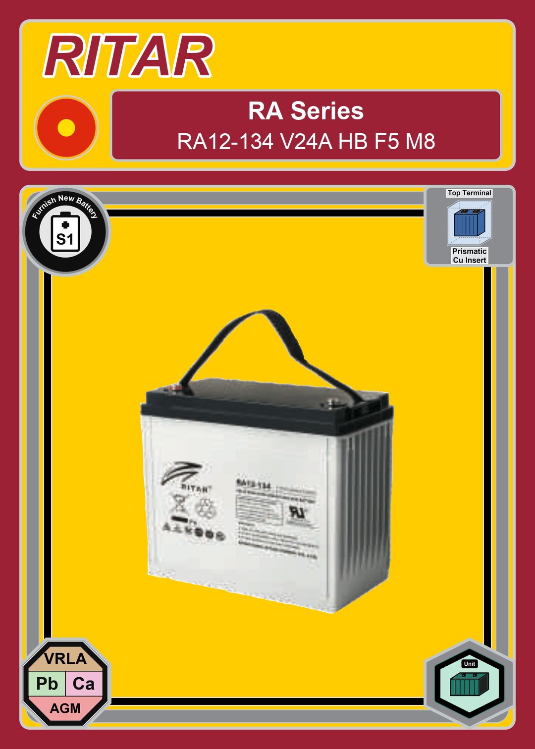 Furnish New Battery Ritar RA Series RA12 134 V24A HB F5 M8