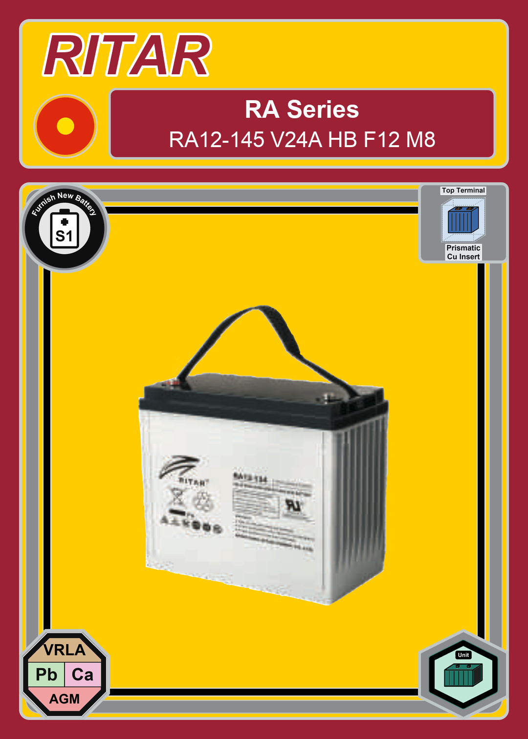 Furnish New Battery Ritar RA Series RA12 145 V24A HB F12 M8