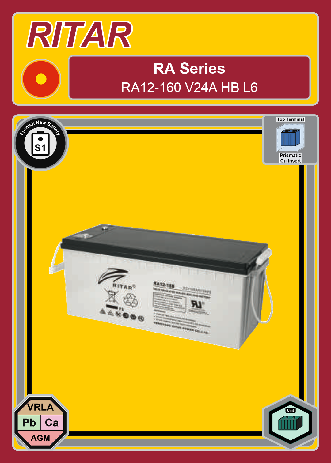 Furnish New Battery Ritar RA Series RA12 160 V24A HB L6