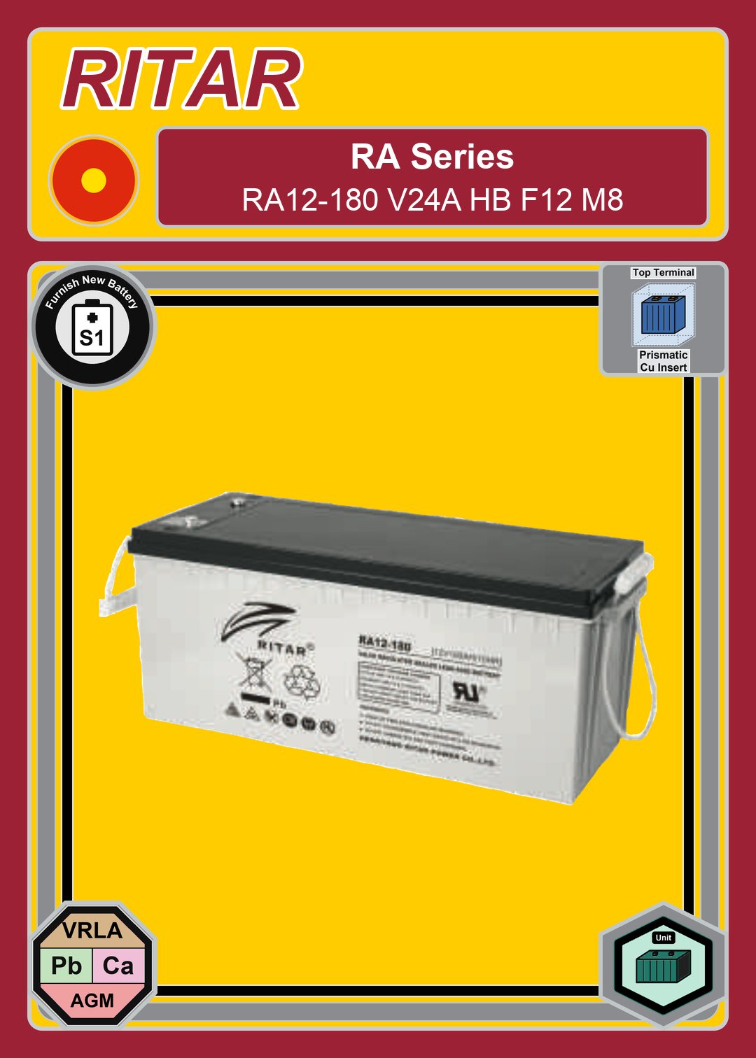 Furnish New Battery Ritar RA Series RA12 180 V24A HB F12 M8