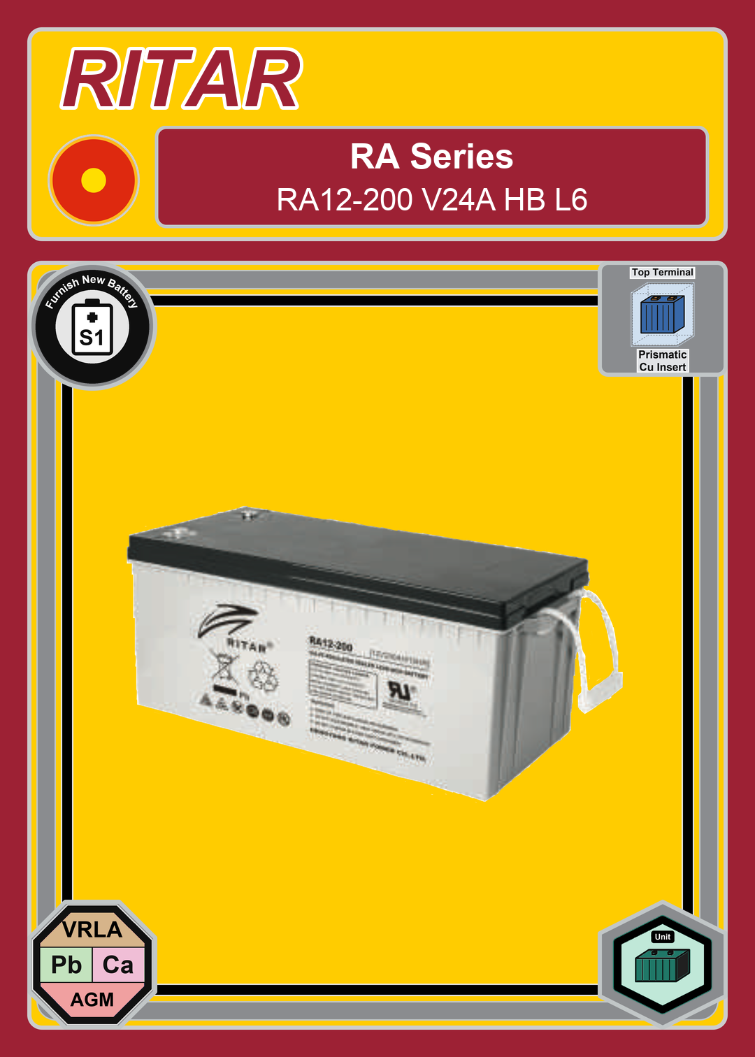 Furnish New Battery Ritar RA Series RA12 200 V24A HB L6