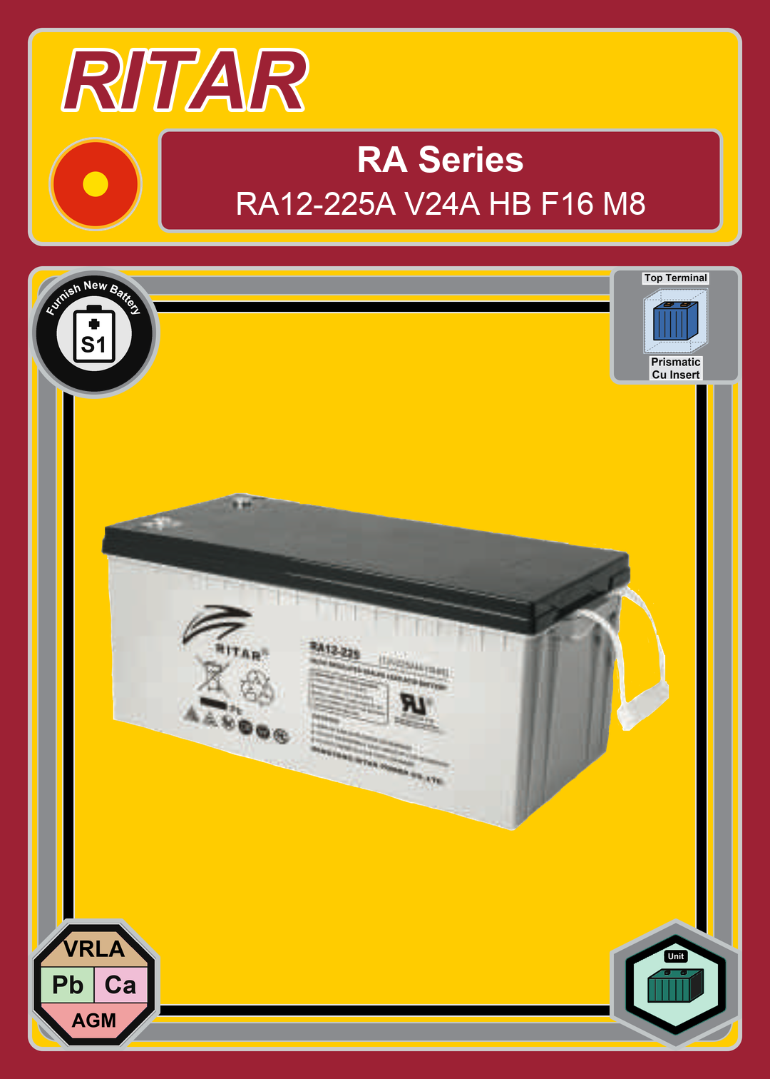 Furnish New Battery Ritar RA Series RA12 225A V24A HB F16 M8