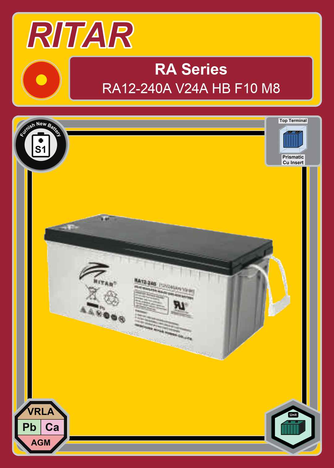 Furnish New Battery Ritar RA Series RA12 240A V24A HB F10 M8