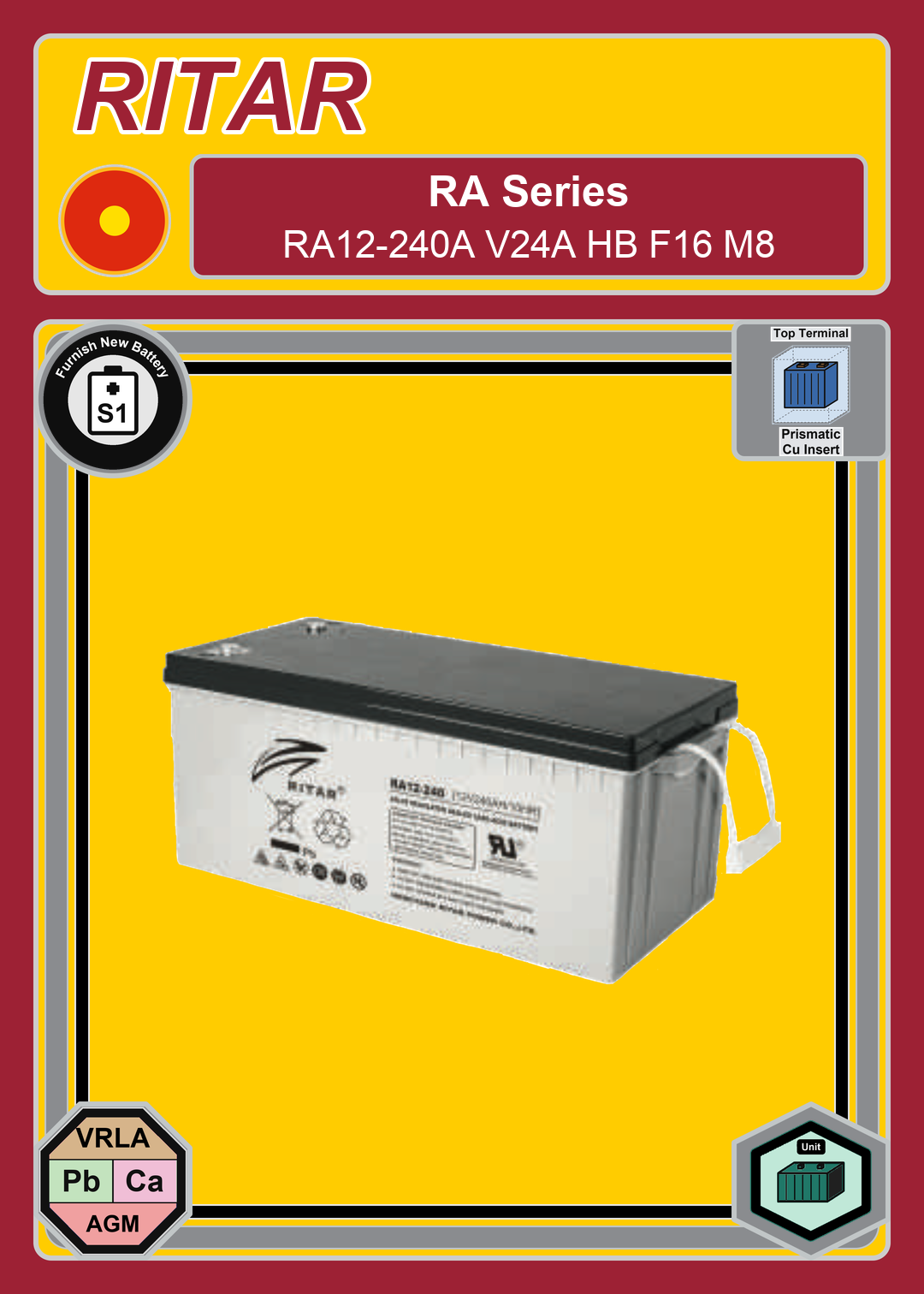 Furnish New Battery Ritar RA Series RA12 240A V24A HB F16 M8