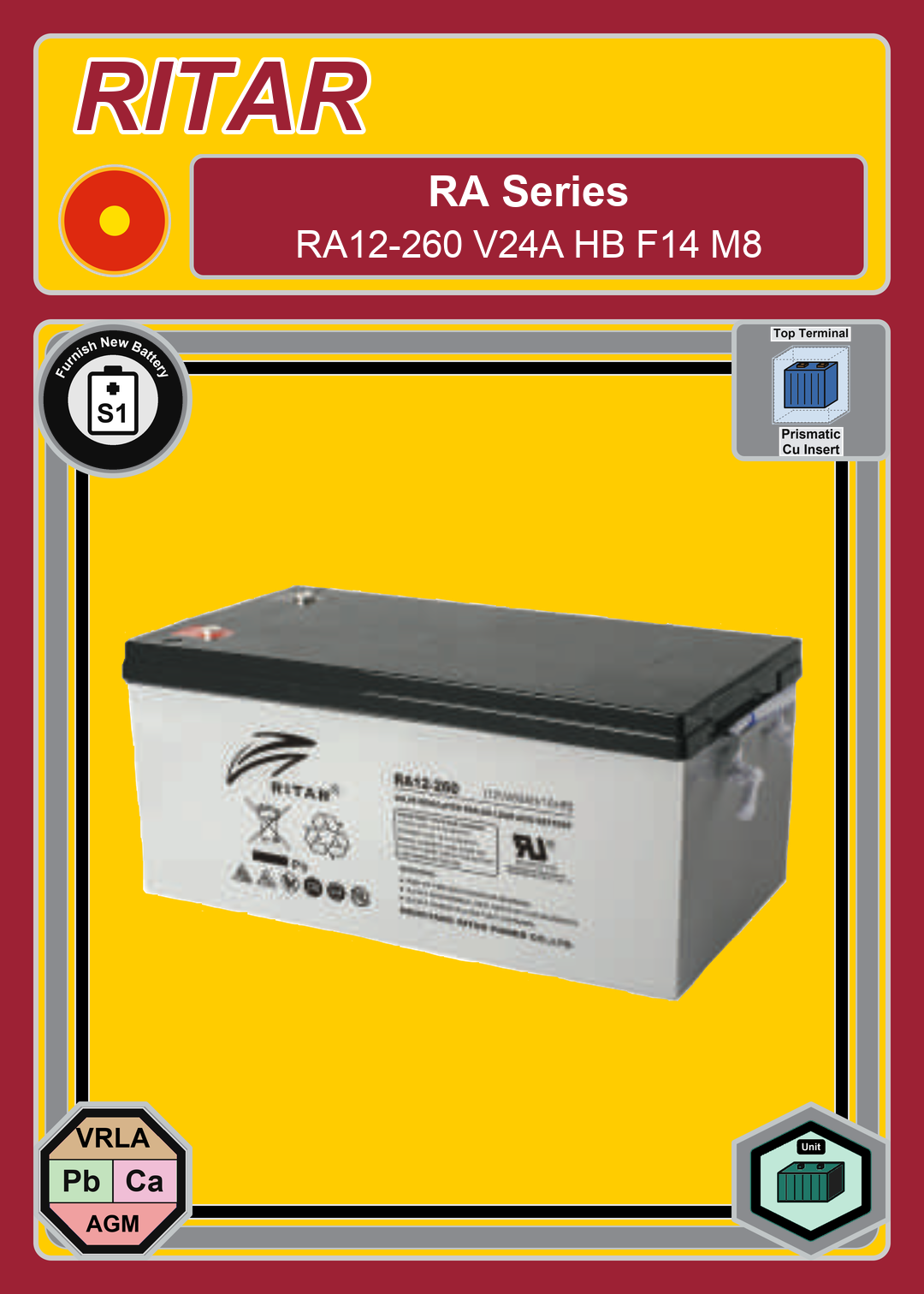 Furnish New Battery Ritar RA Series RA12 260 V24A HB F14 M8