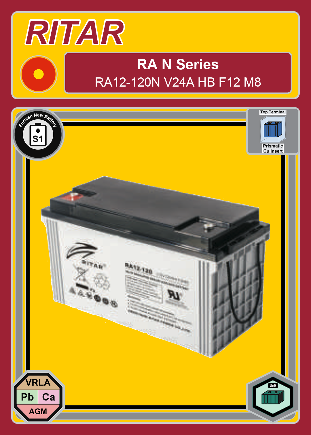 Furnish New Battery Ritar RA N Series RA12 120N V24A HB F12 M8