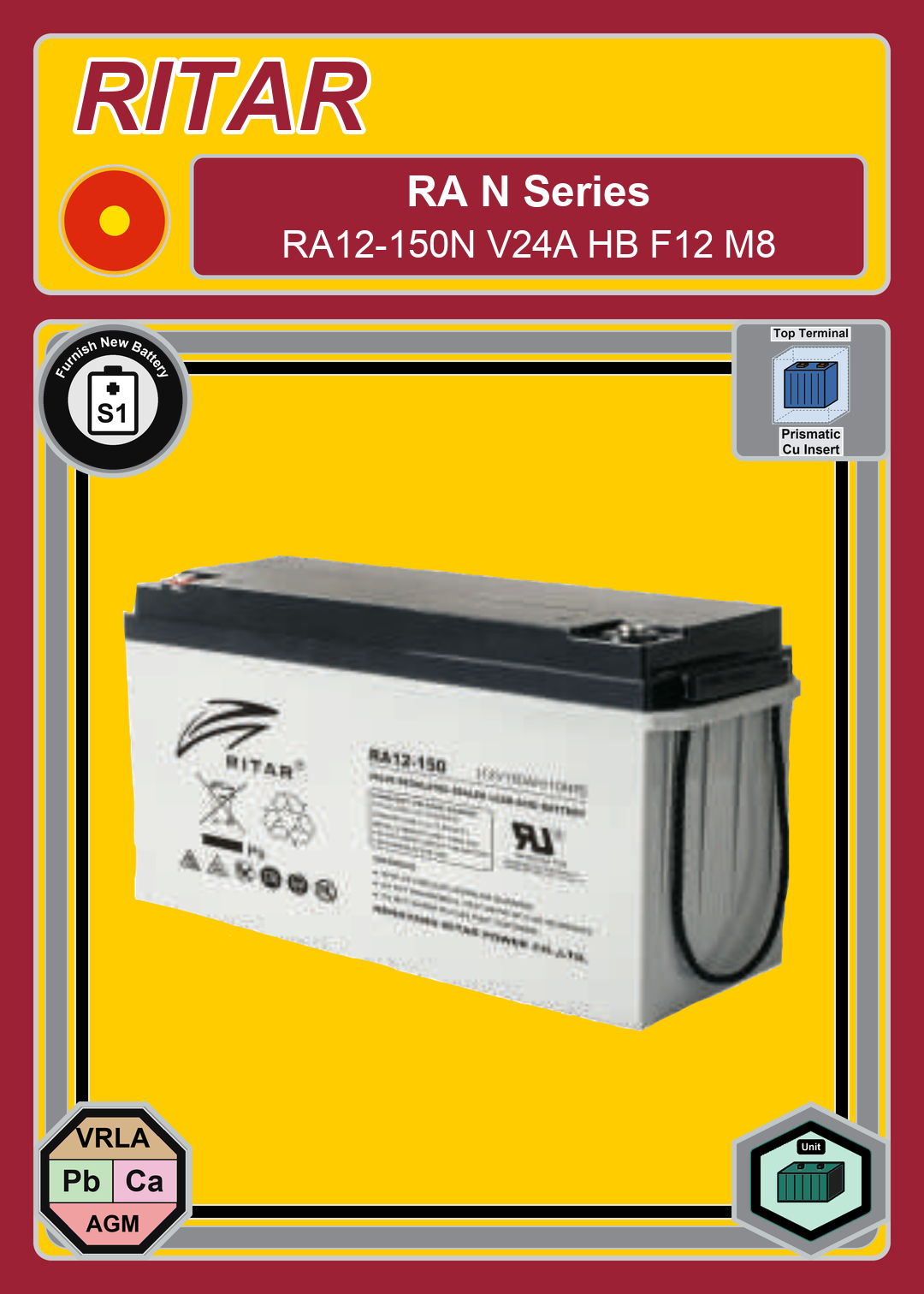 Furnish New Battery Ritar RA N Series RA12 150N V24A HB F12 M8