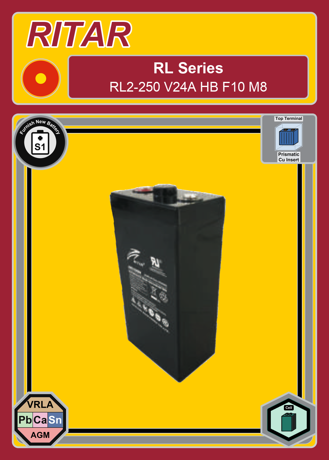 Furnish New Battery Ritar RL Series RL2 250 V24A HB F10 M8