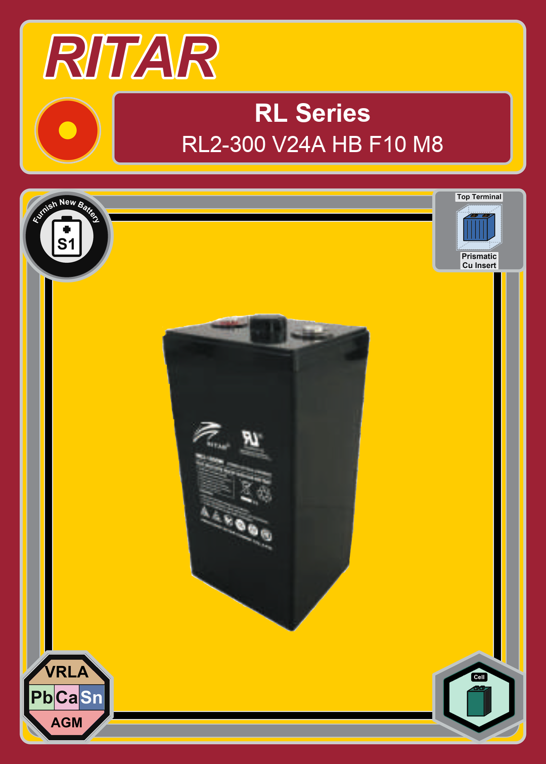 Furnish New Battery Ritar RL Series RL2 300 V24A HB F10 M8