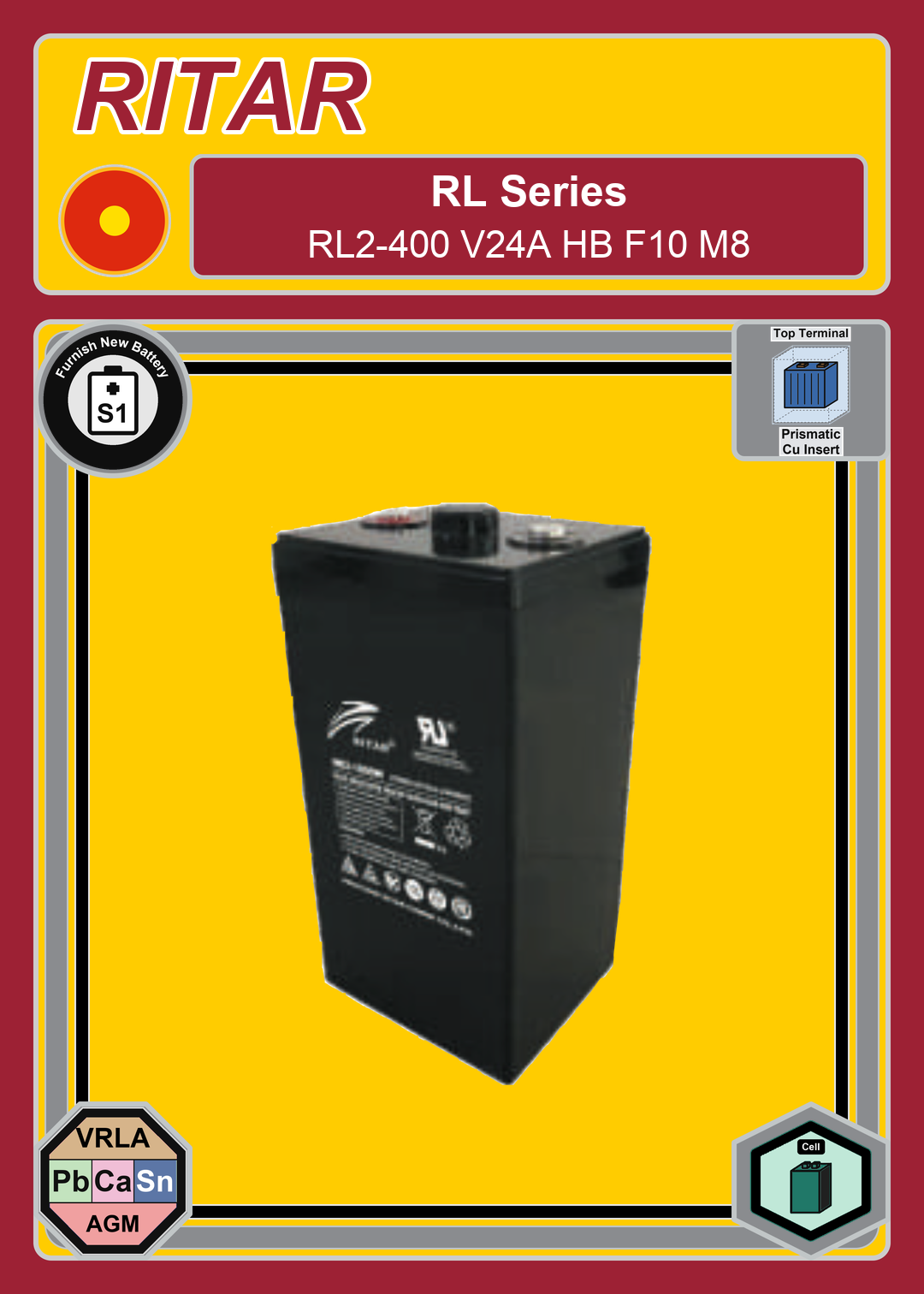 Furnish New Battery Ritar RL Series RL2 400 V24A HB F10 M8