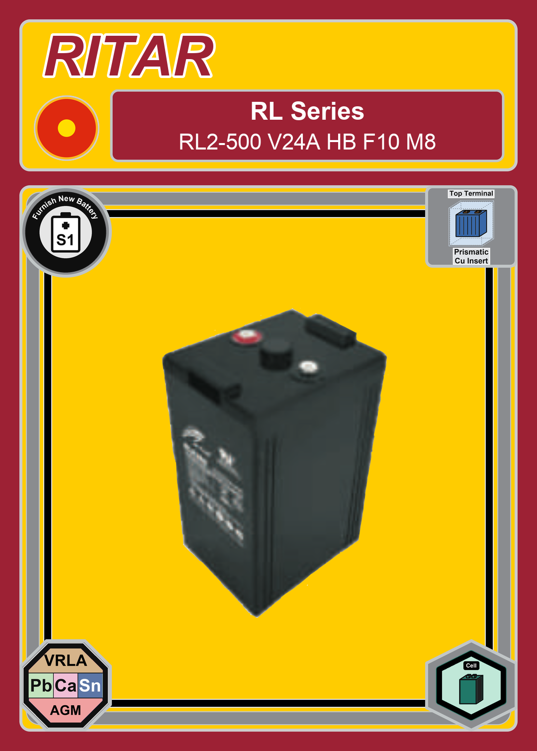 Furnish New Battery Ritar RL Series RL2 500 V24A HB F10 M8