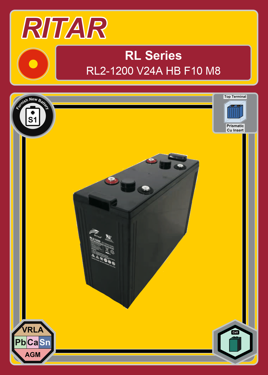 Furnish New Battery Ritar RL Series RL2 1200 V24A HB F10 M8