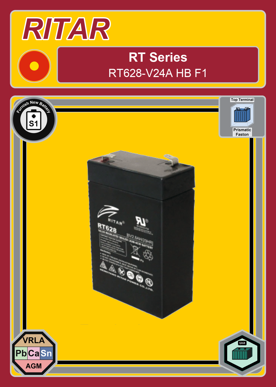 Furnish New Battery Ritar RT Series RT628 V24A HB F1