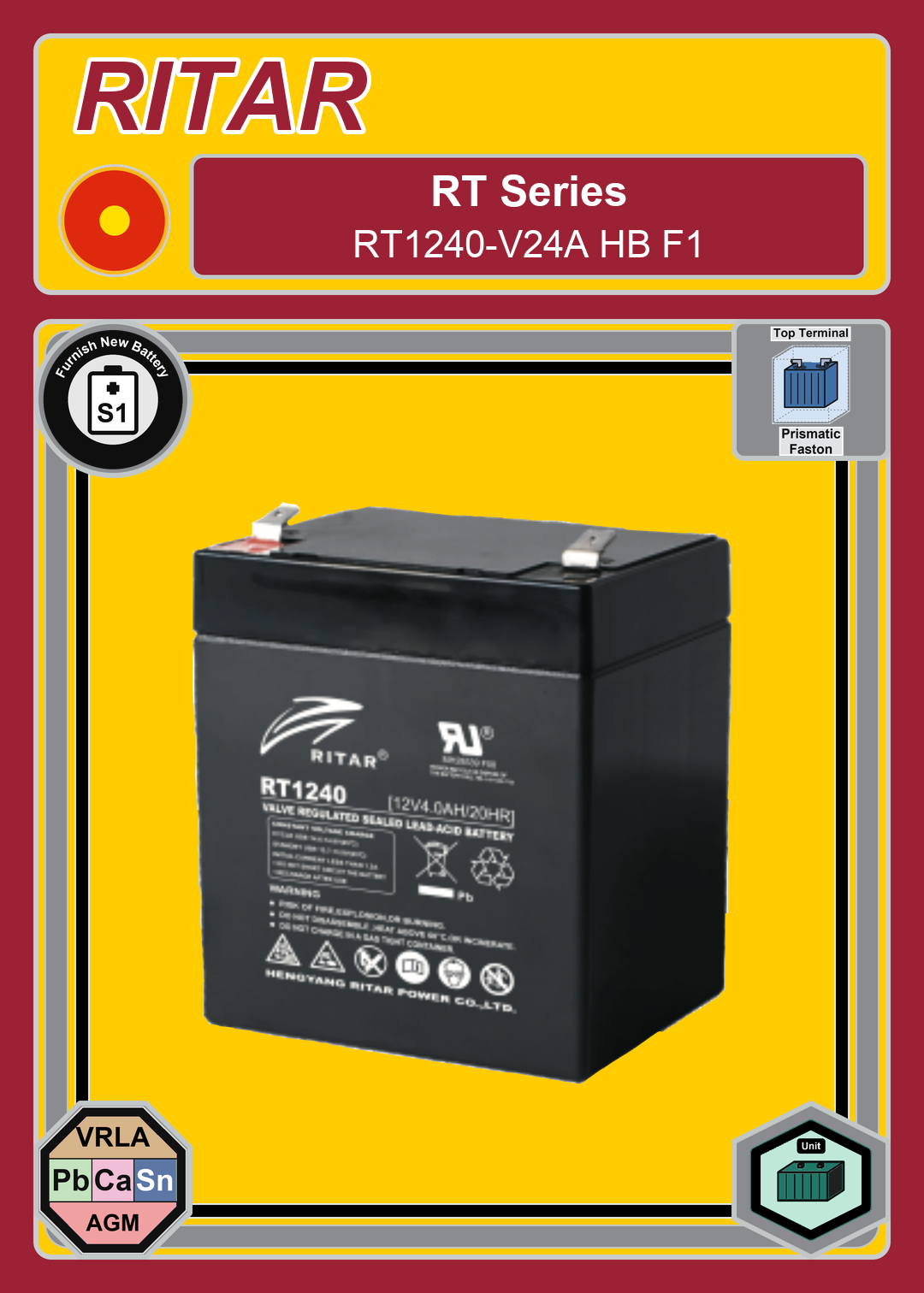 Furnish New Battery Ritar RT Series RT1240 V24A HB F1